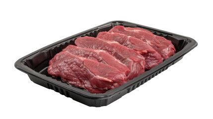 Fresh red meat steaks in black plastic tray on transparent background