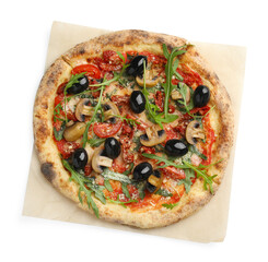 Tasty pizza with mushrooms, black olives and arugula isolated on white, top view