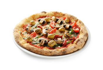 Tasty pizza with mushrooms, olives and arugula isolated on white