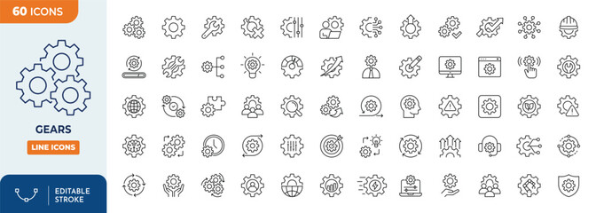 Gears icon set. Outline Icon Collection. Vector illustration. Editable stroke	