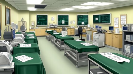 Medical room interior with examination tables, monitors, and equipment, a clean environment