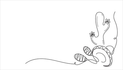 A Mexican themed corner element drawn by one line. Design for celebrate cinco de mayo, page, web banner. Sketch of Mexican attributes. Continuous line drawing art. Minimalist vector illustration.