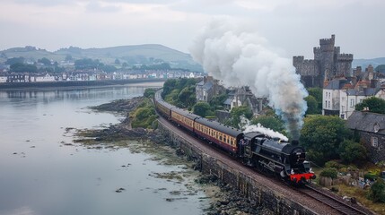 Steam train travels coastal railway line past castle,  water & town. Misty scenery