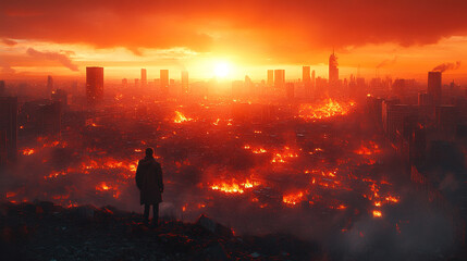 Fototapeta premium post-apocalyptic cityscape with destroyed buildings, burning rubble, and a polluted environment, symbolizing chaos, devastation, and the collapse of civilization amidst a bright light of hope