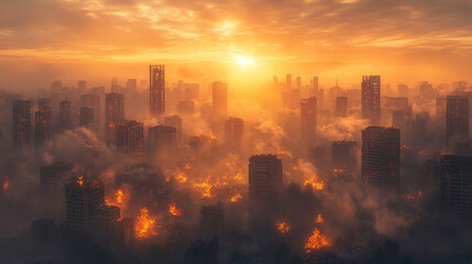 post-apocalyptic cityscape with destroyed buildings, burning rubble, and a polluted environment, symbolizing chaos, devastation, and the collapse of civilization amidst a bright light of hope