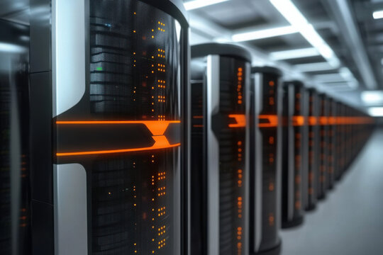 High-tech server room filled with illuminated racks showcasing advanced computing equipment in a data center environment

