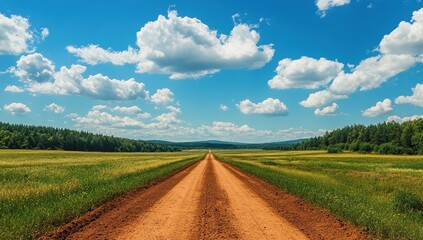 Obraz premium Dirt Road Through Summer Field Under Blue Sky with Fluffy Clouds