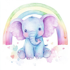 Cute Watercolor Baby Elephant with Rainbow and Flowers