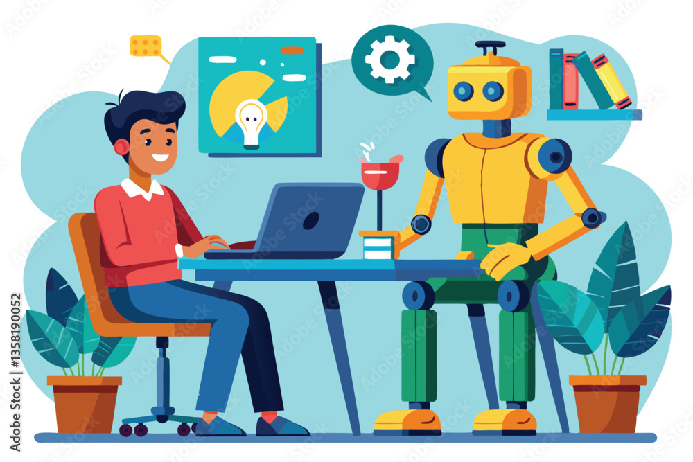 Poster a person engages in work alongside a friendly robot at a desk in a contemporary office environment, 