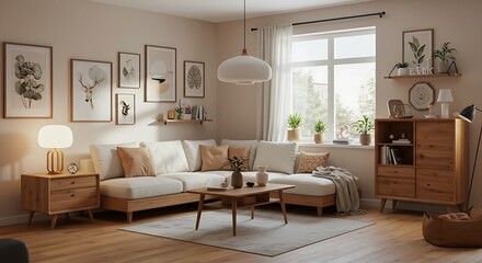 Modern living room interior with a sleek black commode, elegant chair, mock-up art paintings, stylish lamp, books, candlestick, and decorative accessories. Sophisticated home decor. Template.