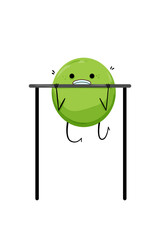 Vector illustration of a green pea character doing pull-ups on a black bar.