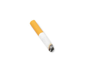 One cigarette butt isolated on white. Smoking habit