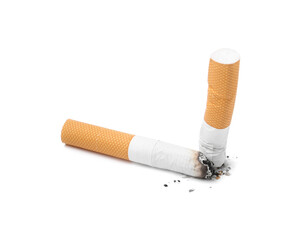 Two cigarette butts isolated on white. Smoking habit