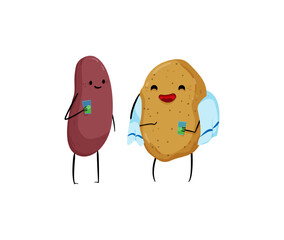 Vector illustration of a brown bean character and a potato character with a towel after exercise.