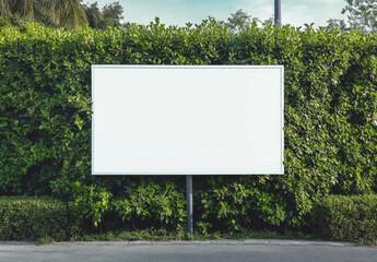 White billboard on spring summer green leaves
