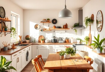 Stylish and bright kitchen interior with wooden table, accessories, and lush green plants. A perfect blend of design and functionality.