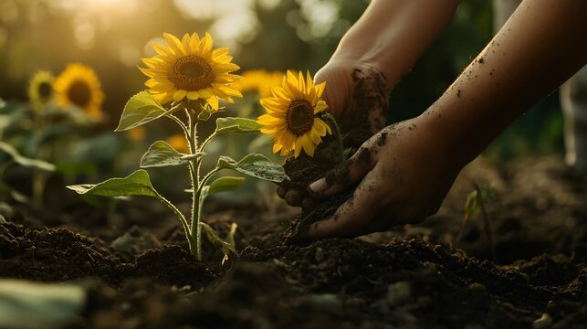 Heartwarming moment of a child learning about nature while planting sunflower seeds with a parent