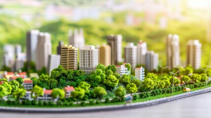 Fototapeta premium Miniature city scene with buildings, trees, and houses. Sunny day and greenery