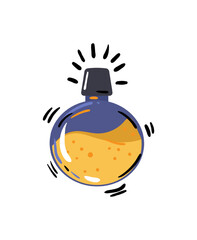 Vector illustration of a blue and yellow round witch potion bottle, with a unique and colorful design. Ideal for magical and fantasy themes.