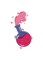 Vector illustration of a pink witch potion bottle with swirling smoke, creating a magical atmosphere. Ideal for fantasy and mystical designs.