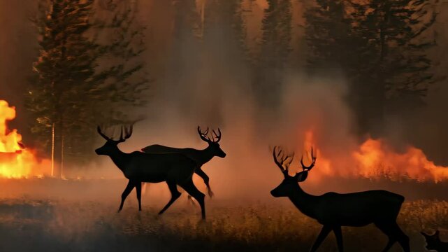 Animals flee from a fierce wildfire engulfing a forest during a devastating fire event, showcasing the urgency and chaos as flames threaten wildlife