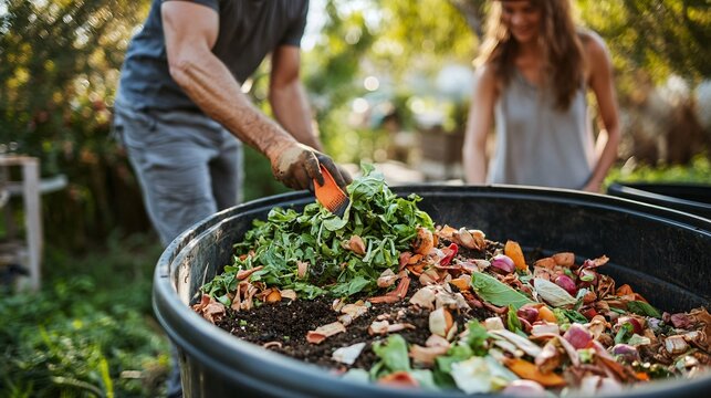 A Young Couple Actively Composing Kitchen Waste for a Vibrant Garden
