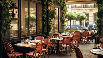 Elegant outdoor seating at a charming Parisian cafe, surrounded by lush greenery, inviting patrons to enjoy leisurely meals and warm conversations during the afternoon