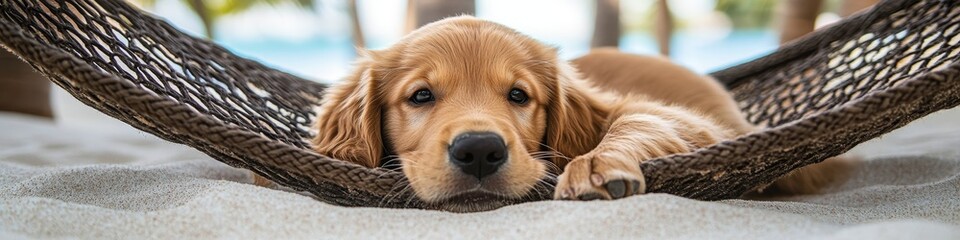 Adorable Golden Retriever Puppy Enjoys a Relaxing Day, Resting in a Hammock on a Sunny Beach