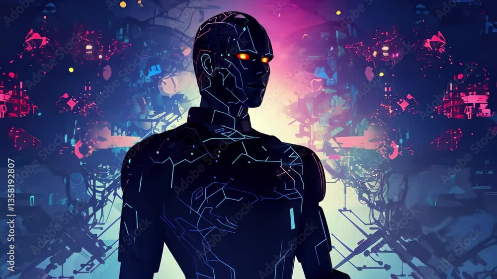 Poster a silhouette of an ai robot with a glowing mind map stands against a vibrant digital background, rep