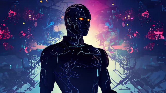 A silhouette of an AI robot with a glowing mind map stands against a vibrant digital background, representing the fusion of technology and intelligence in a futuristic environment