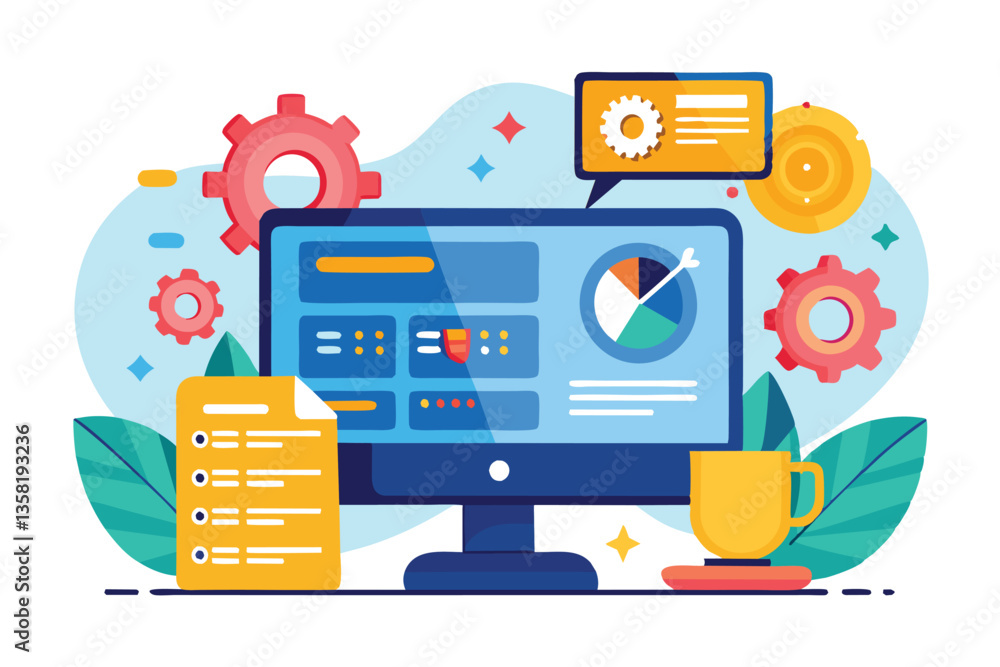 Poster a desktop computer displays version control tools, highlighted by colorful gears and a checklist bes