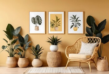 Stylish living room interior with a rattan armchair, two mock-up poster frames, lush plants, a decorative cube, a plaid, and elegant personal accessories in warm honey-yellow decor. Template.