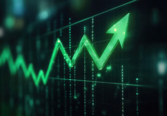 Naklejka premium Green arrow pointing upward on financial graph. Business growth chart with rising trend line. Digital stock market data visualization for investment analysis 