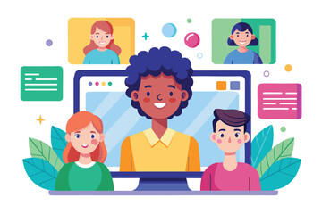 A colorful illustration shows friends engaged in a video call, each with unique backgrounds and expressions, Video call Customizable Disproportionate Illustration