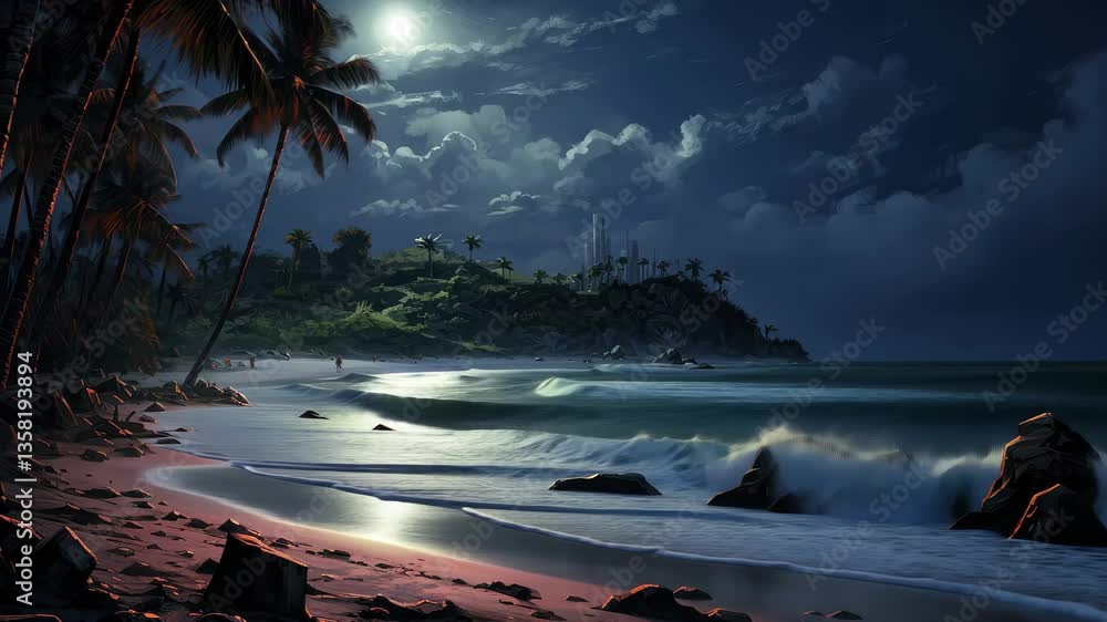 Poster a peaceful night at a moonlit beach with the gentle sound of waves crashing and palm trees swaying u