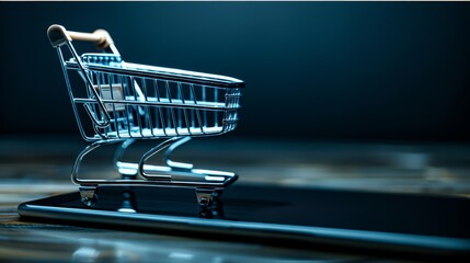 Miniature shopping cart rests atop a phone screen, symbolizing online retail