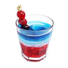 Layered cocktail in colors of American flag with ice and cherries isolated on white