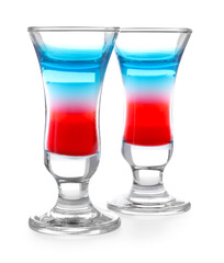 Layered cocktails in colors of American flag isolated on white