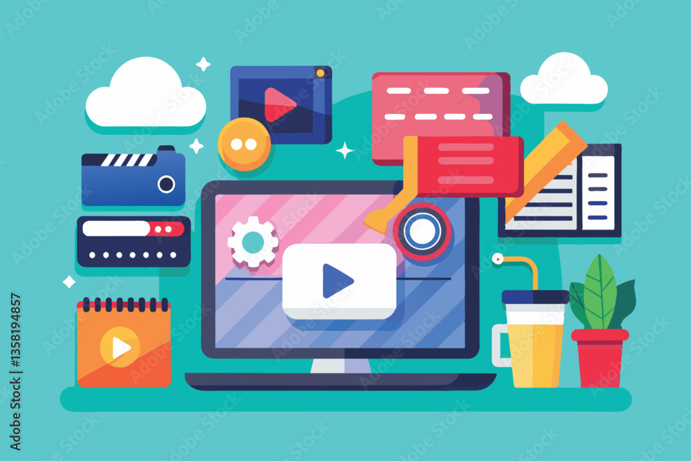 Poster a vibrant desktop display showcases customizable tools for creating and editing digital content, vid