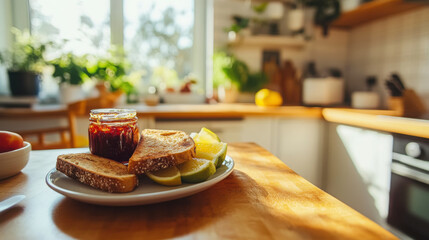 Inviting studio kitchen with family style breakfast and sunlit ambiance