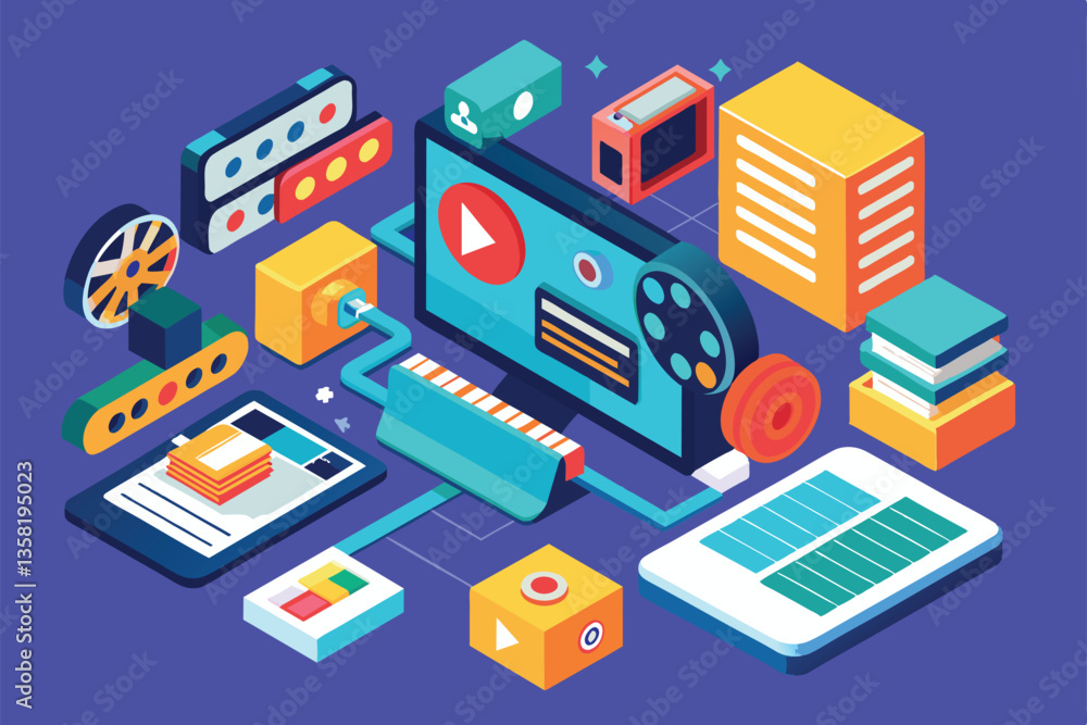 Poster a colorful collection of video editing tools and icons is presented in a creative workspace layout, 