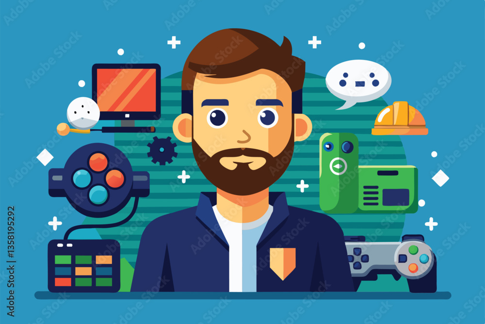 Aufkleber a video game developer is in a customizable workspace surrounded by design tools and gaming elements