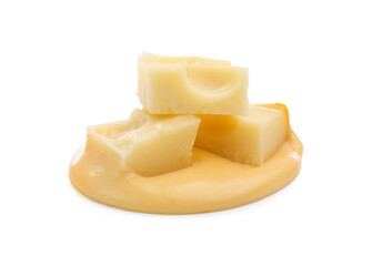 Tasty cheese dipping sauce and pieces of product isolated on white
