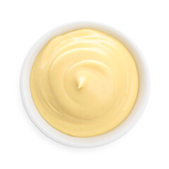 Tasty cheese dipping sauce in bowl on white background, top view