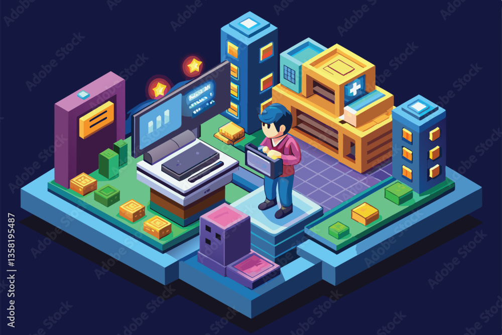 Poster a video game developer engages in coding amidst an isometric urban environment filled with colorful 