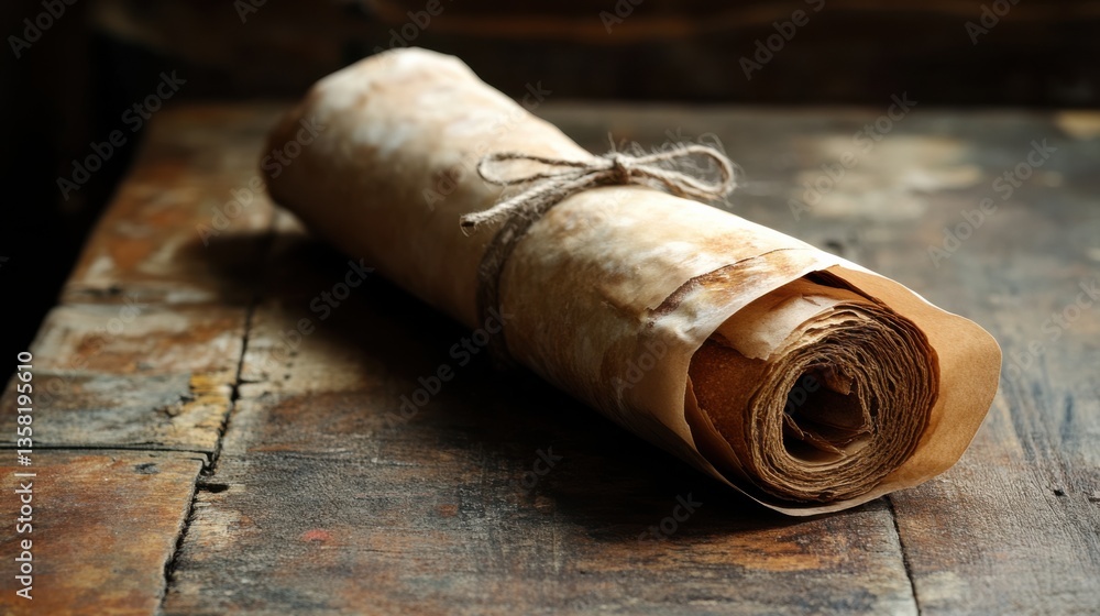 Poster vintage scroll on aged wooden surface with rustic textures and natural elements for artistic concept