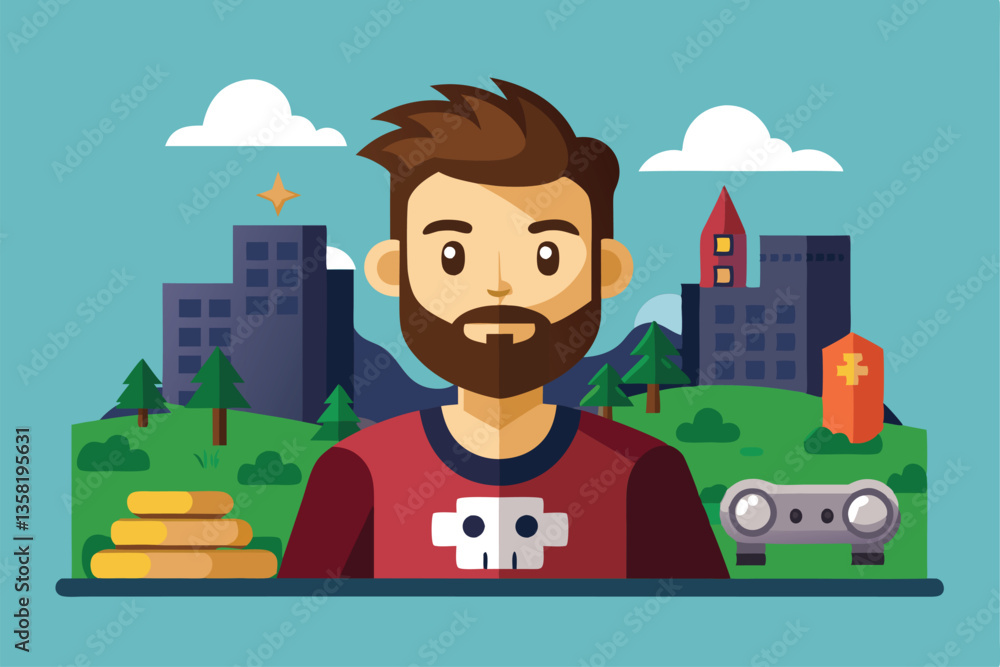 Poster a creative representation of a video game developer surrounded by gaming elements and nature, video 