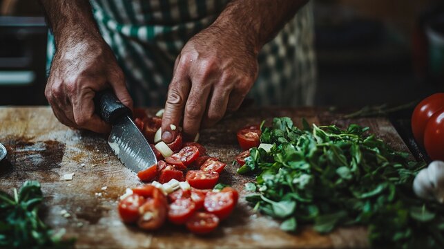 A man assisting his partner with chopping fresh vegetables for dinner preparation