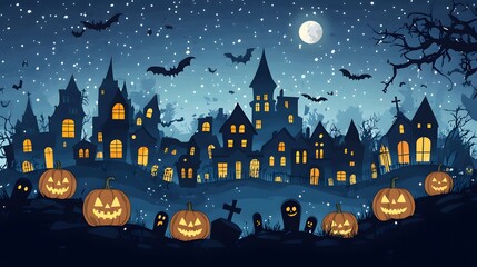 Spooky Halloween Town Silhouette with Pumpkins and Flying Bats at Night