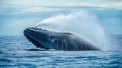 Fototapeta premium Giant Blue Whale Surfacing Gracefully, Spouting Water into the Sky